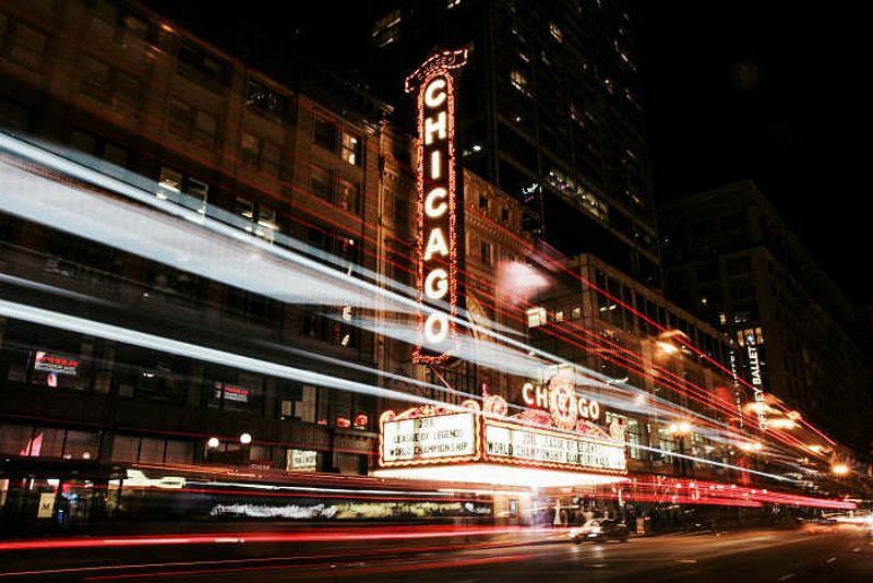 Chicago Theater at night with blurred car lights