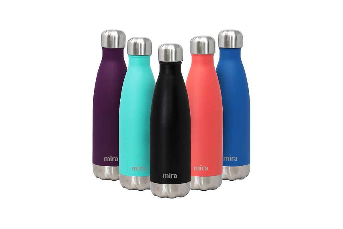 Five Mira Cascade water bottles in various colors