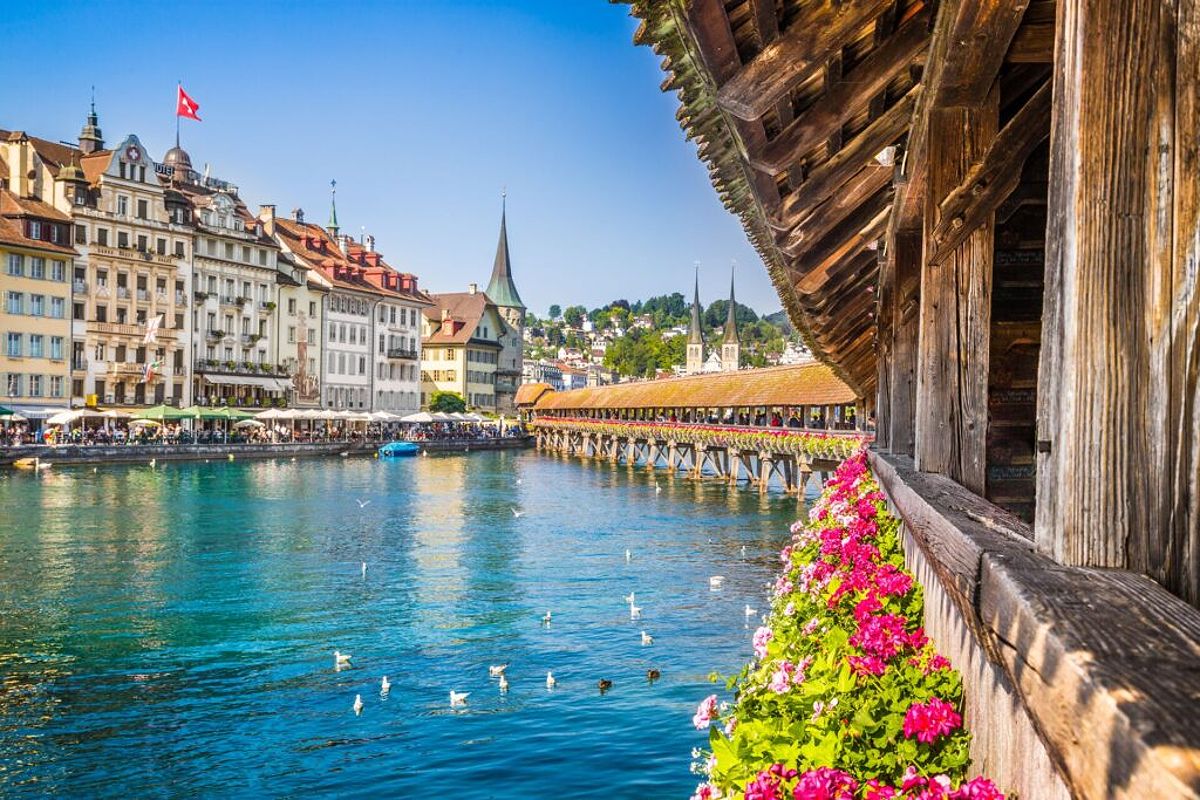 Flowers lining a bridge in Lucerne, Switzerland during spring