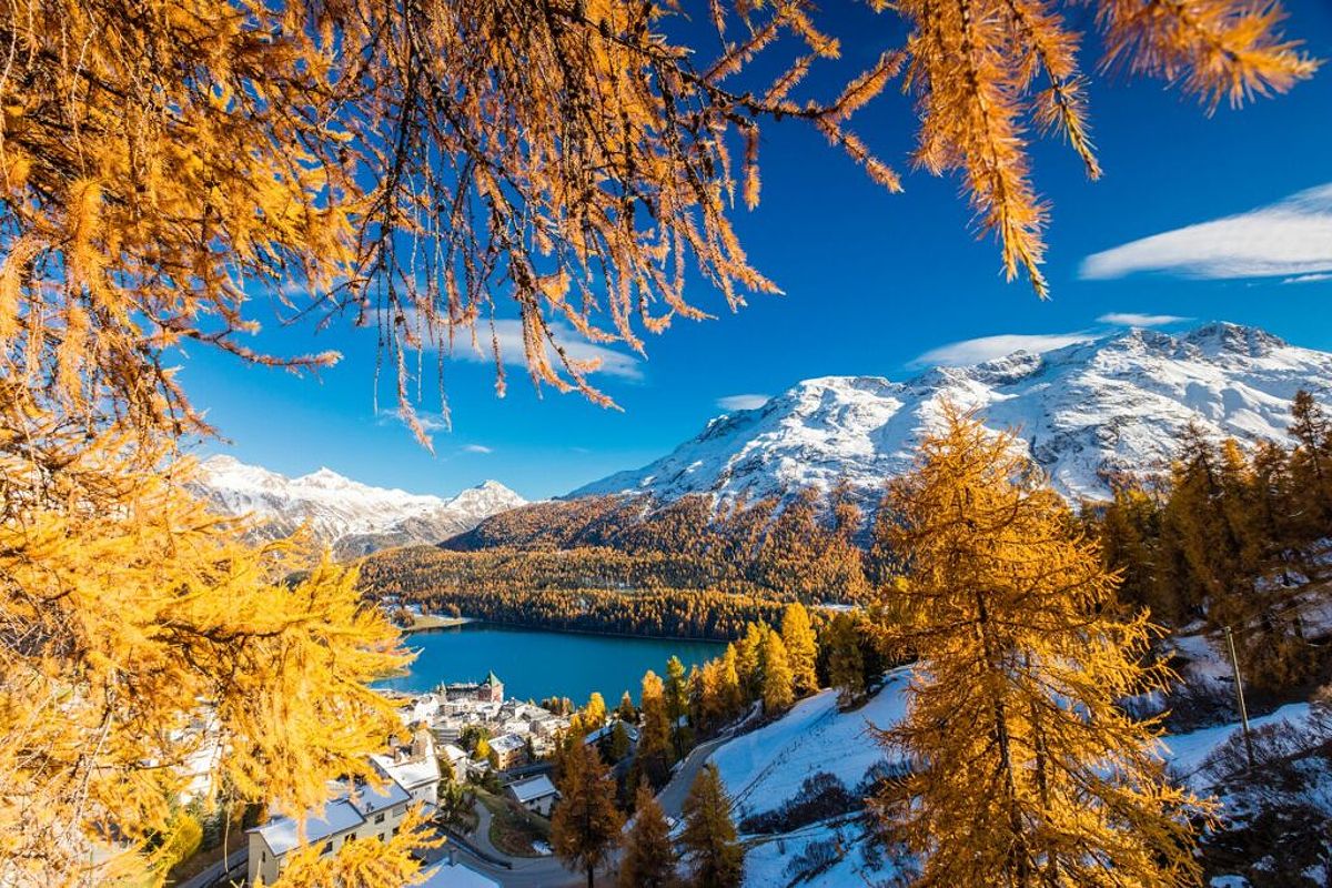 Snowy mountains surrounding a lake in Switzerland during winter