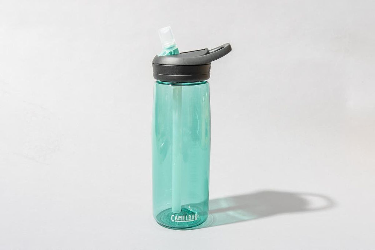 Translucent blue plastic water bottle